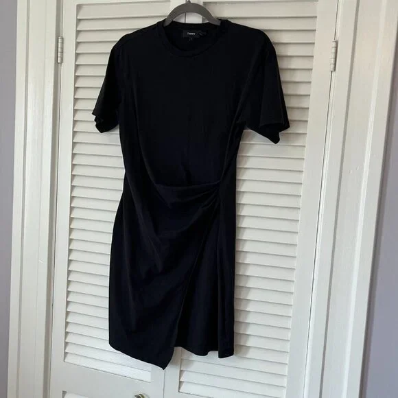 Theory t-shirt dress cotton black ruched waist crewneck small